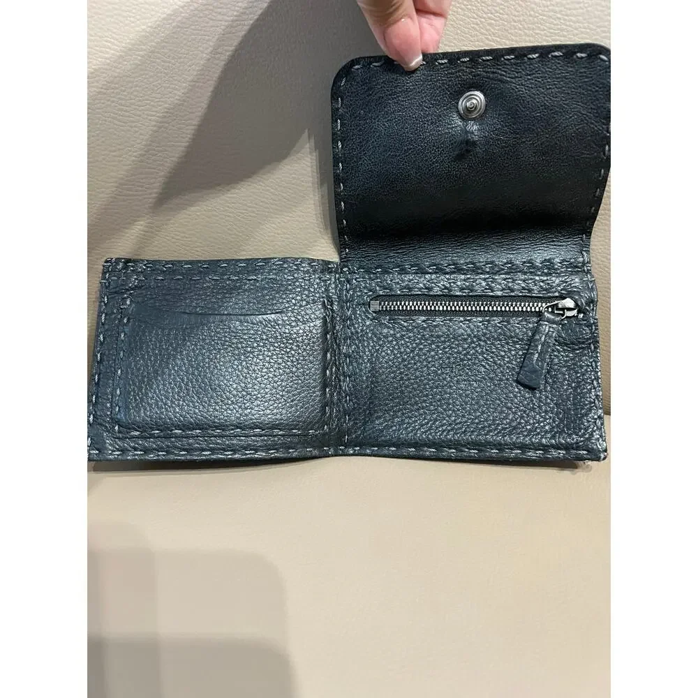 Henry Beguelin Leather BiFold Wallet Snap Fold Black Zipper Stitching Pebbled